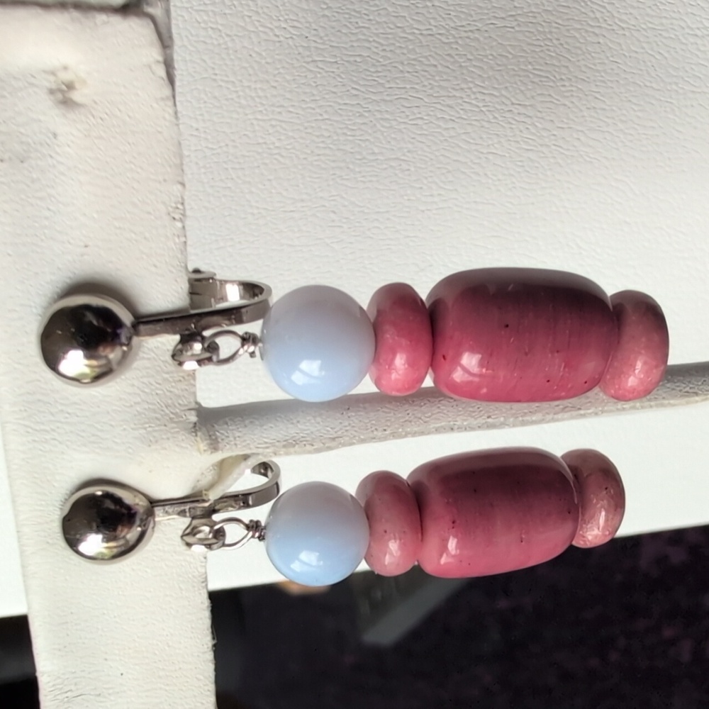 Blue Lace Agate, Rhodochrosite, Pink Salmon Jade Clip Earrings